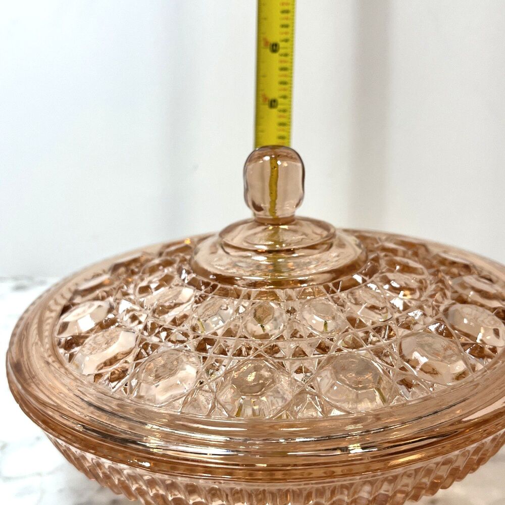 Indiana Glass Windsor Pink Peach Ballad Cane & Button Design Candy Dish & Lid - Picture 8 of 15